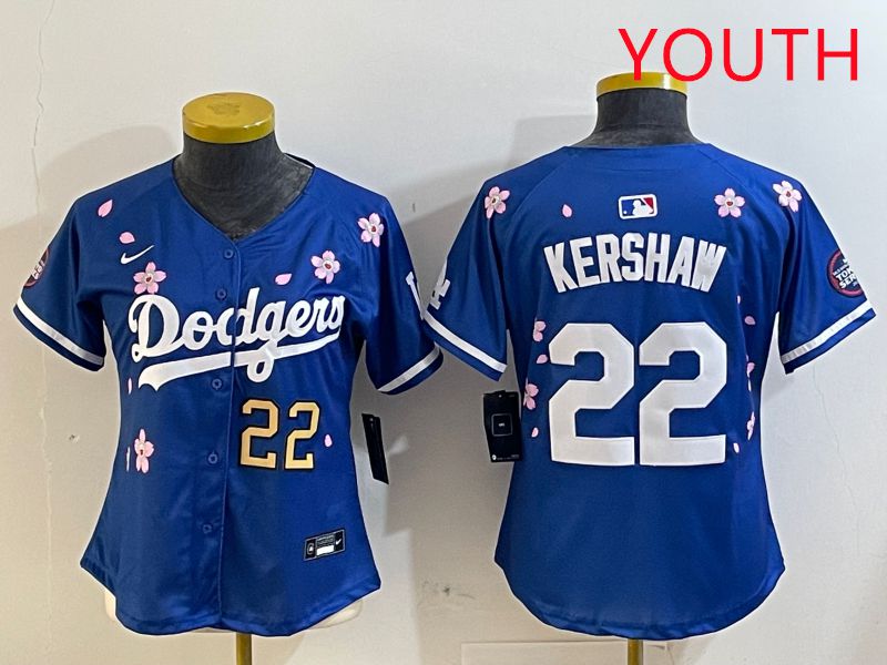 Youth Los Angeles Dodgers #22 Kershaw Blue White Blue Sakura Edition 2025 Nike MLB Jersey style 4